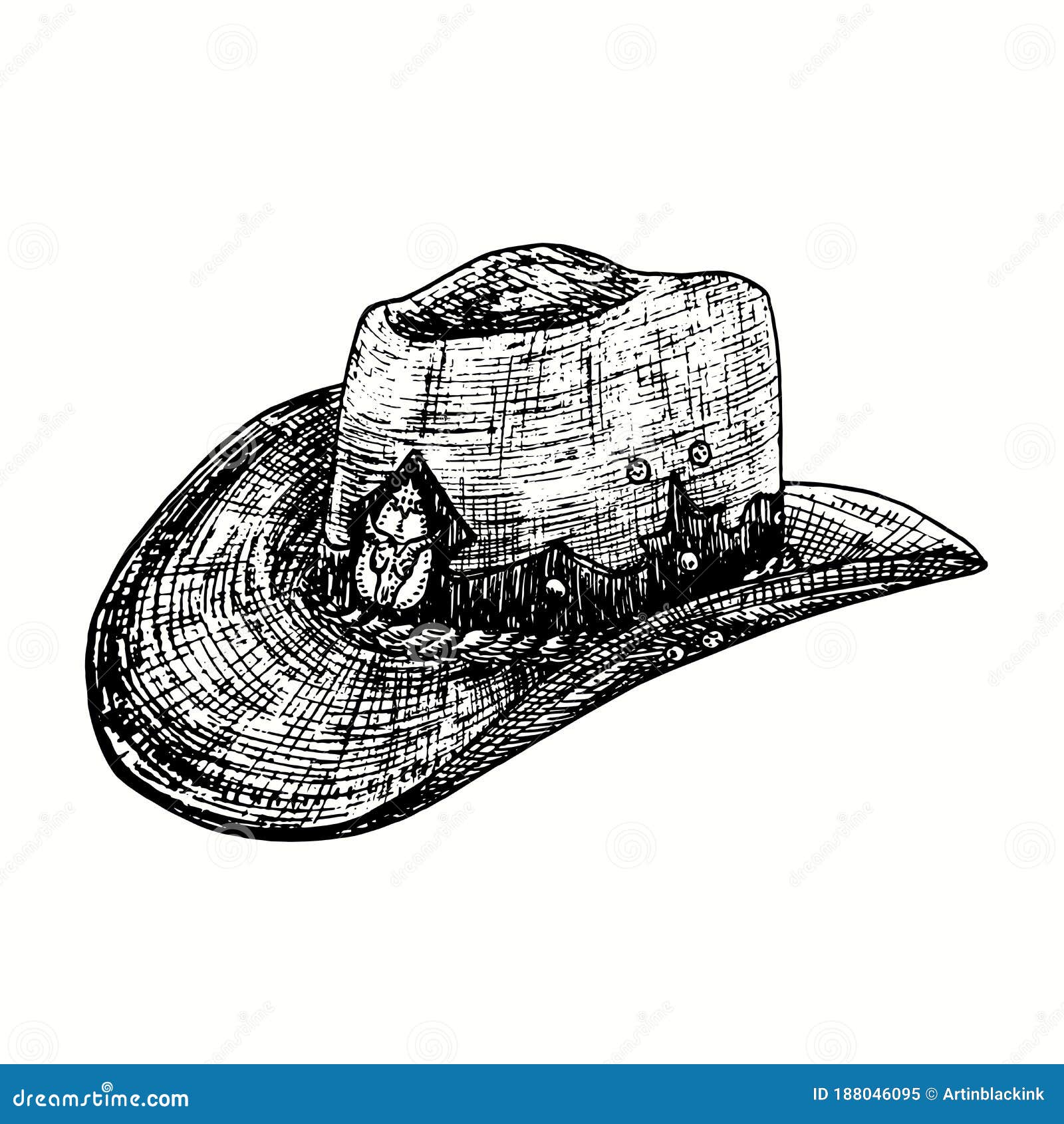 hand drawn vintage cowboy hat with bull skull. ink black and white drawing